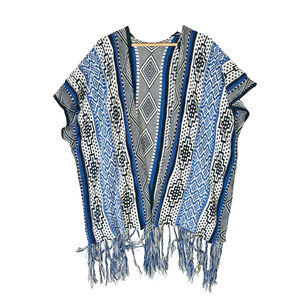 NWT LAVA Southwestern Boho Tribal Blue Aztec Fringe Open Cardigan Poncho One Sz